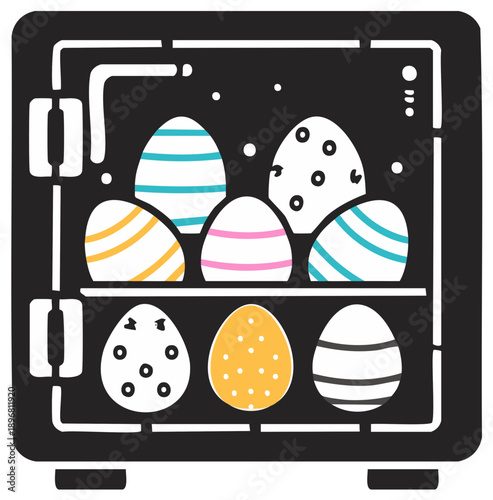 Easter eggs in a refrigerator, black and white illustration