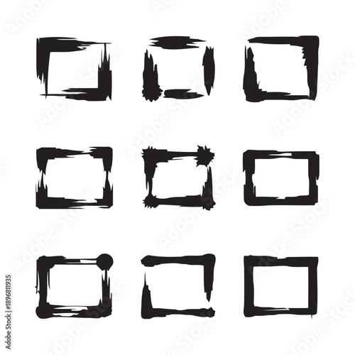 Assortment of abstract artistic frames with a distressed brush stroke texture and irregular shapes suggesting a hand painted artistic border for creative design projects