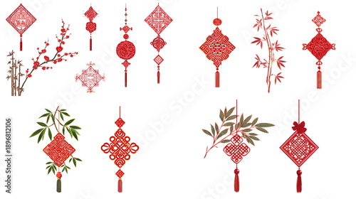 Set of red Chinese knot ornaments with bamboo and floral elements in traditional oriental style, ideal for Lunar New Year decorations and festive designs.