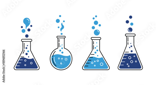 Collection of four different laboratory flasks with bubbling blue liquid representing chemistry experiments and scientific research.