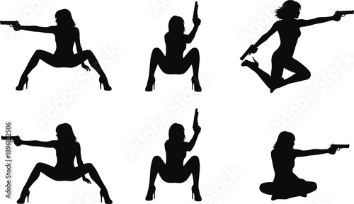 Female action shooter silhouettes illustration set, woman with gun dynamic combat poses, dramatic spy movie collection artwork design