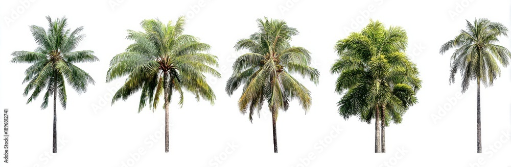 Fototapeta premium Group Of Five Tropical Palm Trees With Green Foliage On White Background Isolated