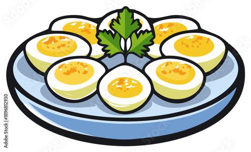 Sliced boiled eggs with parsley garnish on a blue plate