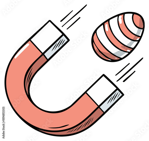 Horseshoe magnet attracts a striped egg with motion lines indicating movement