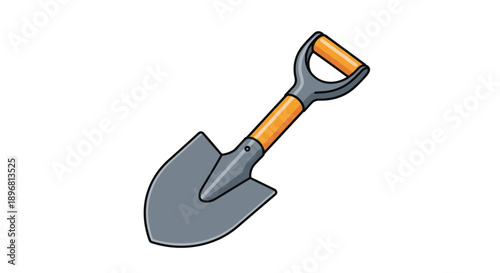 Illustration of a metal garden shovel with a wooden handle and gray grip used for planting and soil work in the garden area.