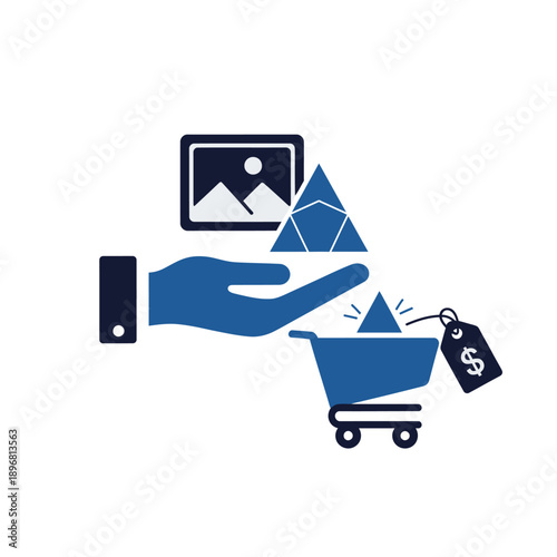 Hand offering image and geometric shapes to a shopping cart with price tag
