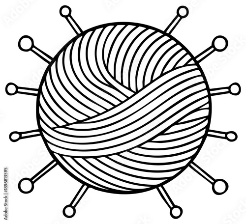 Knitting yarn ball with needles, creative crafting hobby outline illustration