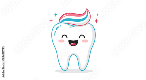 Adorable cartoon character of a white tooth with a happy face and a colorful swirl of toothpaste on top, shining brightly.