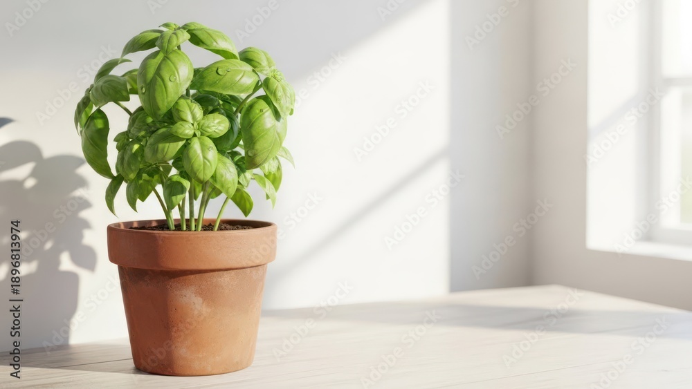 Fototapeta premium Basil plant in terracotta pot with sunlight indoors