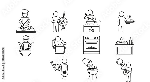 Collection of cooking and food preparation icons in a line art style.