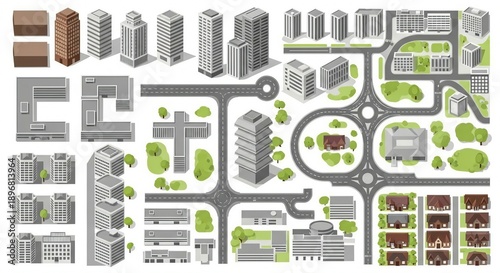 Isometric City Map Elements with Skyscrapers Buildings and Roads for Urban Infrastructure Design
