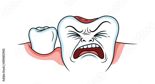 Cartoon illustration of a tooth expressing extreme pain due to a large cavity at its crown situated next to healthy molars and gum.