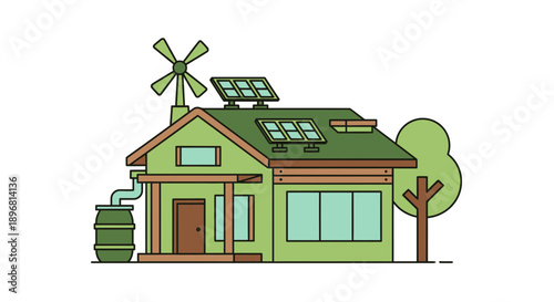 Eco-friendly house with solar panels and wind turbine