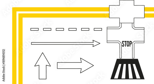 Road crossing with stop sign and direction arrows