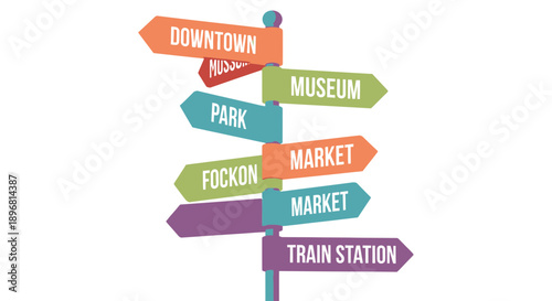 Colorful directional signs pointing to city attractions and transport