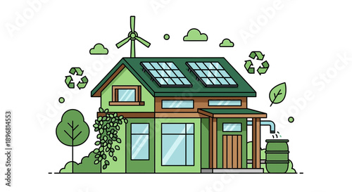 Eco-friendly green house with solar panels and wind turbine