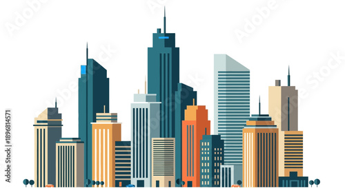Modern Cityscape Illustration with Tall Skyscrapers on White Background