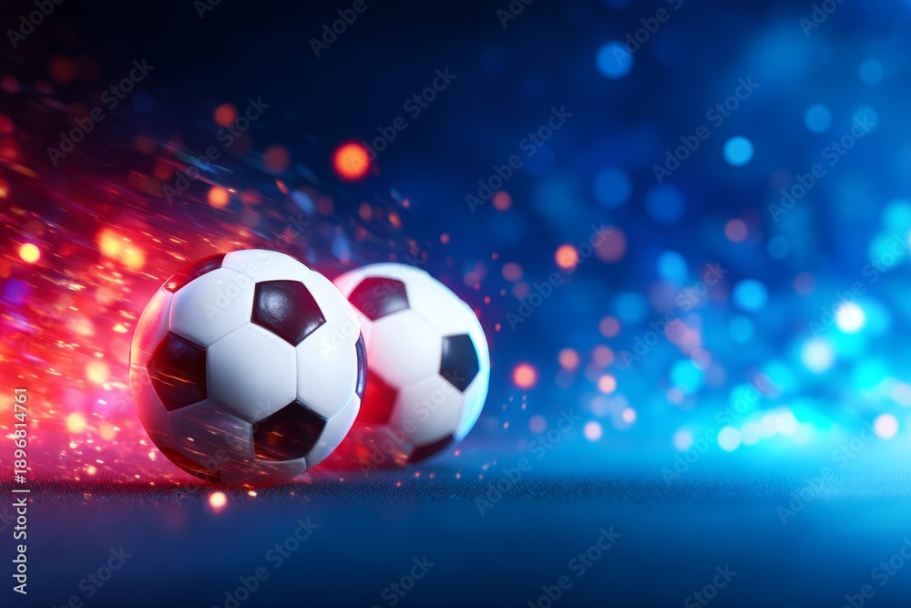 Naklejka premium Dynamic 3D Abstract Scene with Glowing Effects and Soccer Balls in Motion