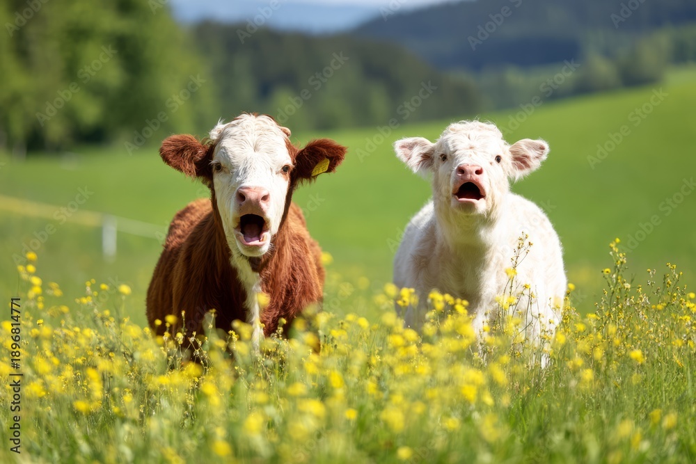 Fototapeta premium Playful Calves Giggling in a Sunshine Meadow Surrounded by Wildflowers