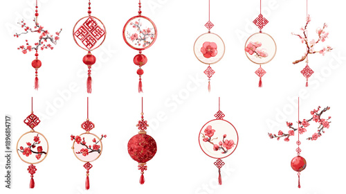 Collection of red Chinese lanterns and round ornaments with floral patterns isolated on light background, festive hanging decorations for Lunar New Year.
