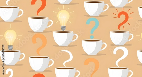 Wallpaper Mural A seamless pattern background featuring white ceramic coffee cups from which colorful steam rises in the shape of lightbulbs and question marks. The background is a warm, cozy beige color.  Torontodigital.ca
