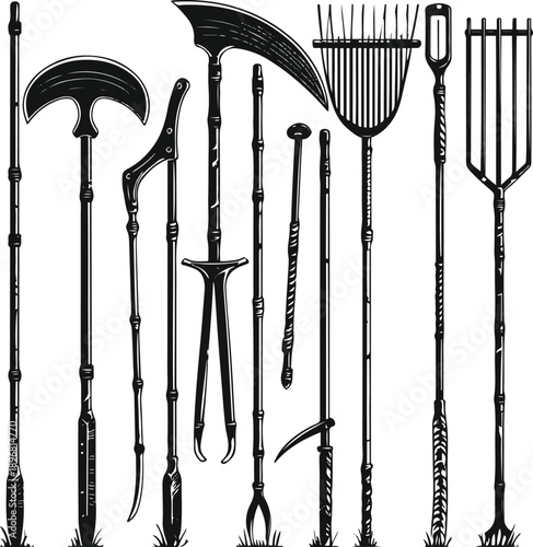 Crop harvesting hand tools, black and white vector set 1