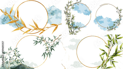 Elegant watercolor botanical circle frames with bamboo leaves and soft blue wash isolated on light background, minimal natural design elements for invitation and branding.