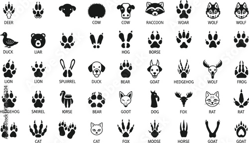 Animal tracks and footprints icon set with wildlife faces isolated on white background black vector illustration collection for education and design