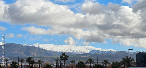 Billede på lærred Snow-covered Sierra Nevada mountains frame a distant view from Granada’s historic environment, contrasting with palm trees and urban silhouettes below