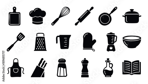 A comprehensive collection of essential kitchen utensils and cooking equipment silhouettes provides versatile visual assets for culinary branding, restaurant menus, and instructional