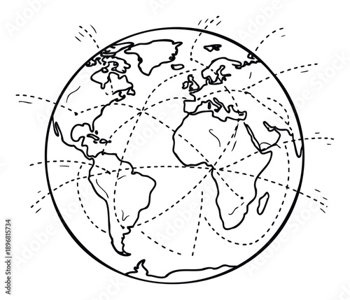 Global Earth globe with dashed lines indicating connectivity and communication networks across continents, symbolizing travel, internet, or international relations for educational and