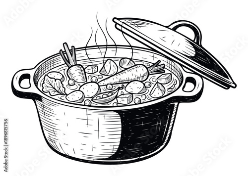 Hand drawn stylized depiction of a steaming hot pot filled with delicious vegetable stew with various ingredients, perfect for culinary blogs, cooking recipes, or restaurant menu