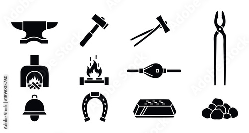 A comprehensive collection of blacksmithing tools and equipment icons including an anvil, hammers, tongs, forge, and horseshoe, perfect for educational materials, craft workshops, and