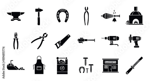 Essential blacksmithing tools and equipment silhouette collection illustrating traditional metalwork and craftsmanship, ideal for industrial design and historical project resources.