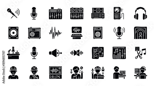 Glyph icons for audio production and sound engineering, showcasing studio equipment, music mixing, sound waves, and industry professionals, perfect for digital media interfaces.