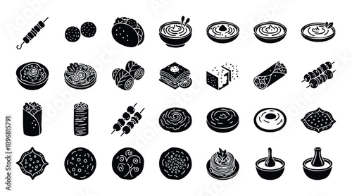 A diverse collection of Middle Eastern and Mediterranean food icons perfect for restaurant menus, recipe websites, and culinary themed presentations.