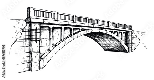 Classic hand drawn sketch of a sturdy stone arch bridge with railings spanning a divide, suitable for architectural, engineering, or historical themed print and digital media