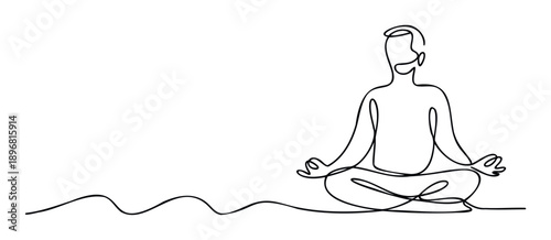 Continuous line drawing of a person meditating in a lotus pose, symbolizing peace and wellness, suitable for health and mindfulness applications print or digital.