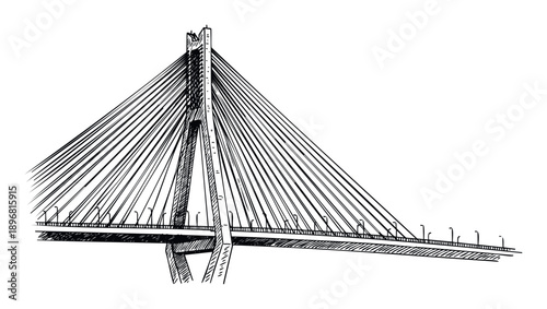 A dynamic hand drawn monochrome sketch of a modern cable stayed bridge featuring a prominent pylon and multiple tension cables, suitable for architectural reports, urban planning, or