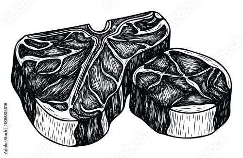 Striking woodcut style depiction of beef steaks including a Tbone and a round cut, perfect for food industry branding, butchery advertisements, or restaurant menus