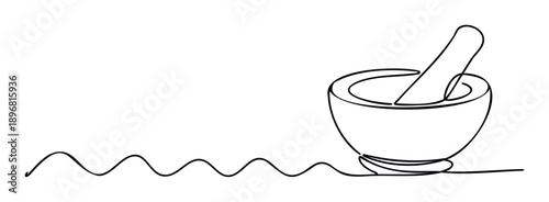 Simple continuous line drawing of a mortar and pestle symbolizing traditional medicine and culinary preparation, ideal for herbal product packaging, health and wellness promotions, or