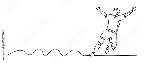 Minimalist one line drawing of a dynamic soccer player celebrating a triumphant goal, ideal for sports branding, athletic marketing, or motivational content.