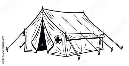 Black and white line drawing of a temporary medical tent with a cross symbol used for emergency relief and humanitarian aid during disasters or military operations providing essential