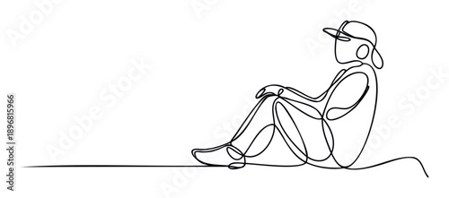 Continuous line drawing of a relaxed person sitting on the ground wearing a baseball cap, ideal for modern graphic design and minimalist marketing campaigns