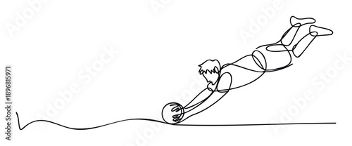 Minimalist continuous line drawing depicting an athlete diving and reaching for a sports ball, ideal for dynamic athletic performance graphics, sports club branding, or event marketing