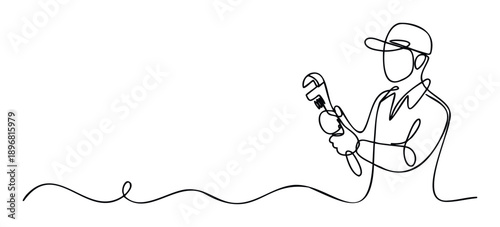 Continuous one line drawing of a skilled tradesperson wearing a cap and holding a pipe wrench symbolizing repair and maintenance services for professional branding