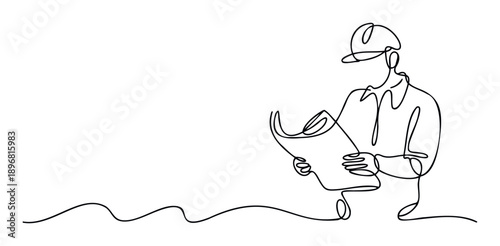 Continuous line drawing of an engineer or architect wearing a hard hat and reviewing construction plans, perfect for various industryrelated presentations, websites, or educational materials