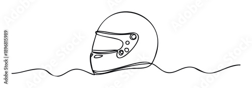 Dynamic continuous line drawing of a sleek racing helmet, perfect for sports event promotions, automotive advertisements, or extreme activity themed graphic materials.