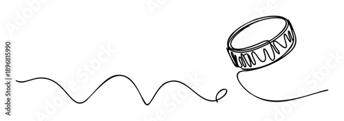 Dynamic single line drawing depicting a hockey puck moving with a wavy trail, perfect for sporting goods advertising, digital sports content, or graphic design projects.