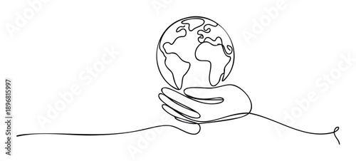 A continuous single line drawing depicts a human hand cradling the Earth, symbolizing global environmental protection, unity, and sustainability, ideal for ecofriendly campaigns and